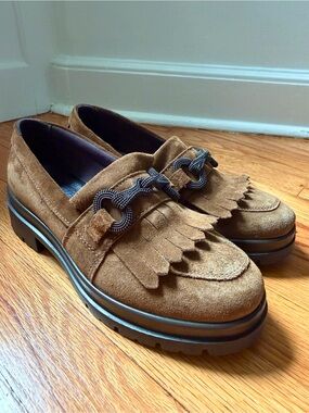 Enval Soft Vera Pelle Italian Suede Fringe Cognac Loafers EU 37 | US 6.5, 7